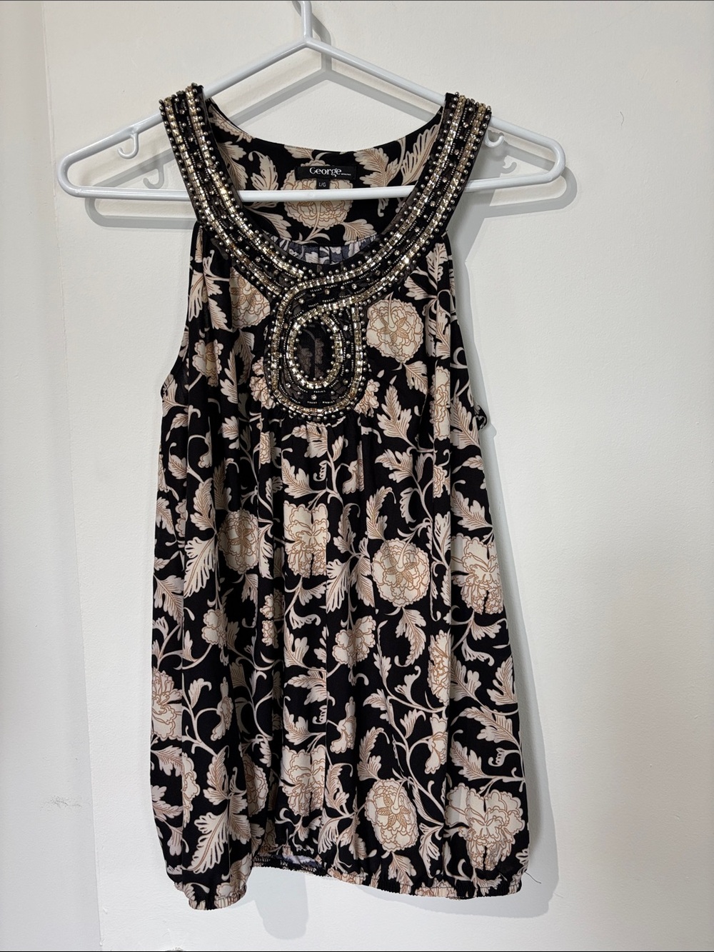 🎉4/30$🎉 George Black Tank Dress with Beige Floral Print and Beaded Neckline